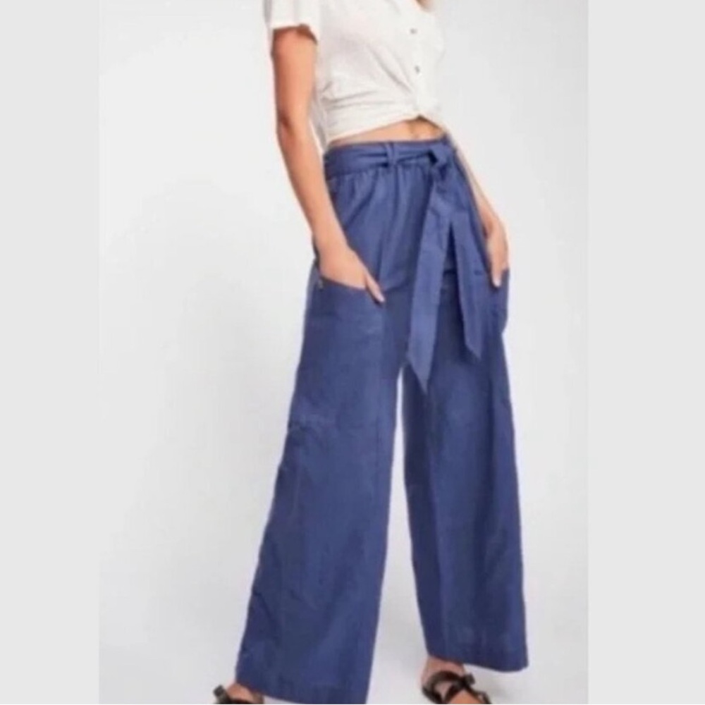 Free People Bluebell Belted Wide Leg Linen-Blend Pants W/Leg Pockets Blue SZ M - Picture 8 of 16